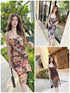 Mesh Crowl Neck Floral Runch Spaghetti Strap Dresses